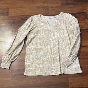 Belle by Kim Gravel Beige Smocked Patterned Long Sleeve Top Large